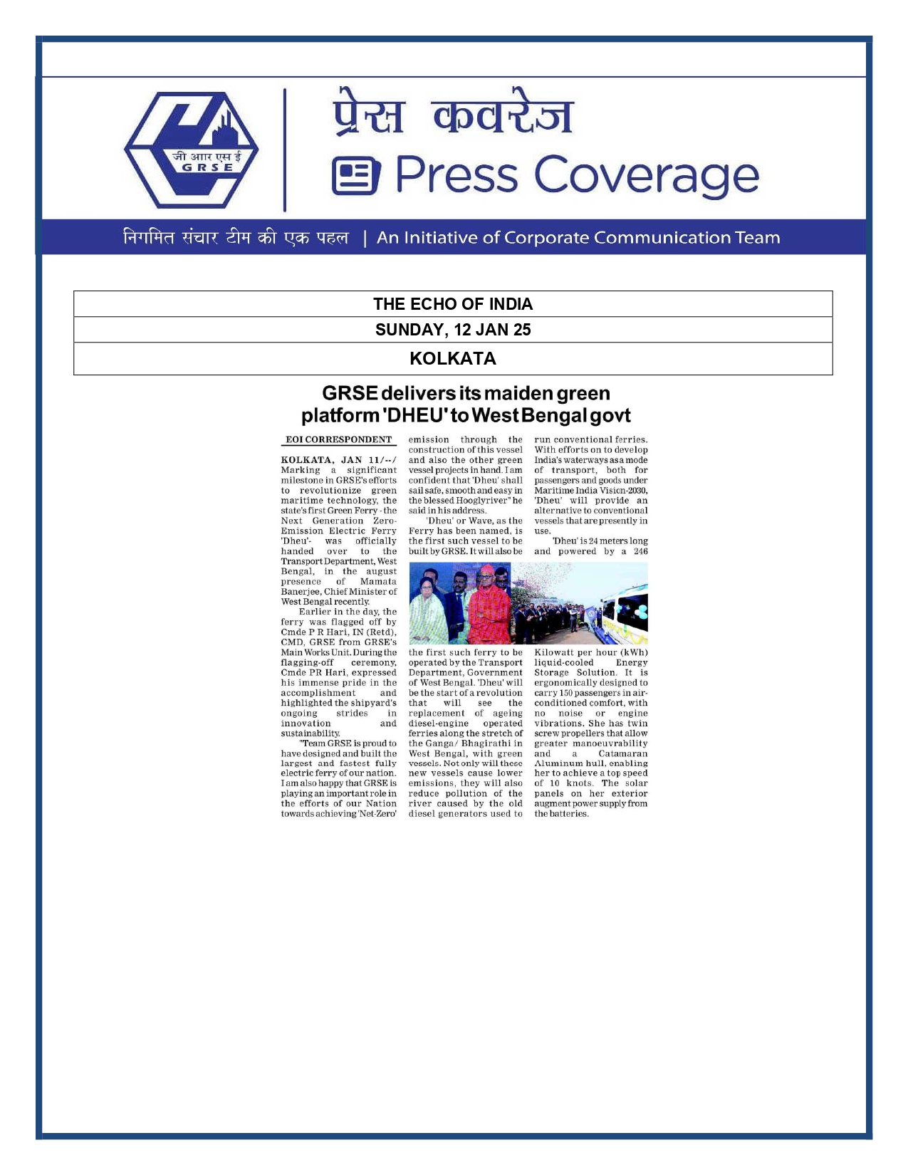 Press Coverage : The Echo of India, 12 Jan 25: GRSE delivers its maiden green platform 'DHEU' to West Bengal govt